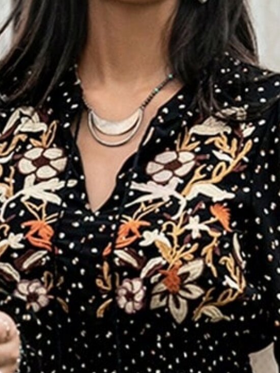 Boho Beauty Women's Polka Dot V-Neck Tie embroidered detail Long Dress Black - Picture 7 of 8